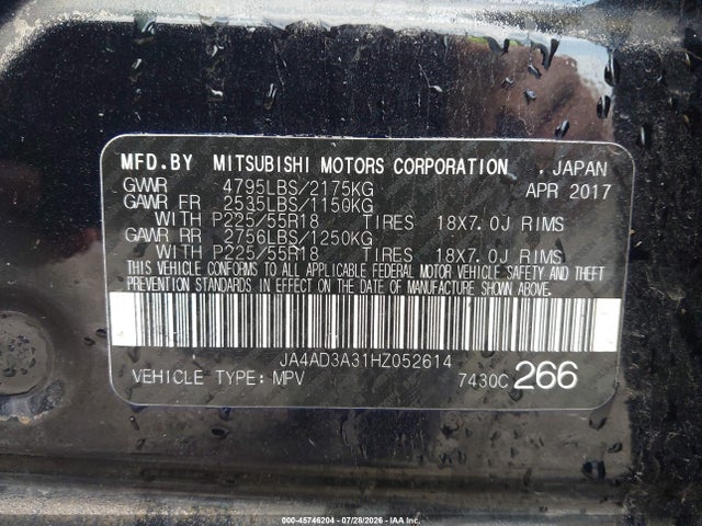 45746204 :رقم المزاد ، JA4AD3A31HZ052614 vin ، 2017 Mitsubishi Outlander Se مزاد بيع