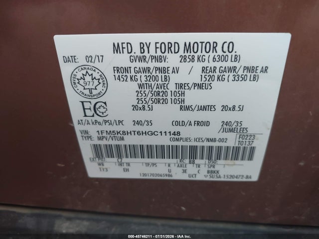 Продаж на аукціоні авто 2017 Ford Explorer Platinum, vin: 1FM5K8HT6HGC11148, номер лоту: 45746211