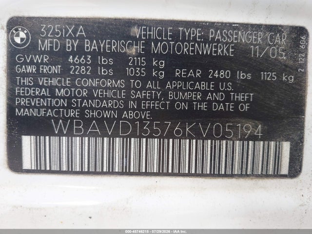 45746215 :رقم المزاد ، WBAVD13576KV05194 vin ، 2006 Bmw 325xi مزاد بيع