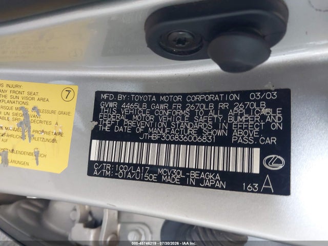 Aukcja sprzedaży 2003 Lexus Es 300, vin: JTHBF30G836006831, numer aukcji: 45746219