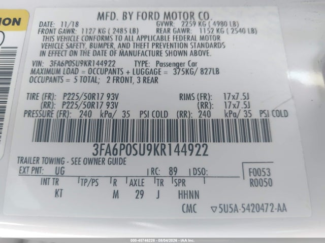 2019 Ford Fusion Energi Titanium მანქანა იყიდება აუქციონზე, vin: 3FA6P0SU9KR144922, აუქციონის ნომერი: 45746228