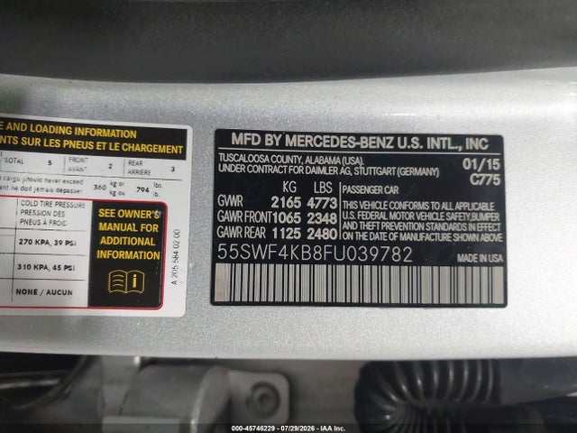 Aukcja sprzedaży 2015 Mercedes-benz C 300 Luxury 4matic, vin: 55SWF4KB8FU039782, numer aukcji: 45746229