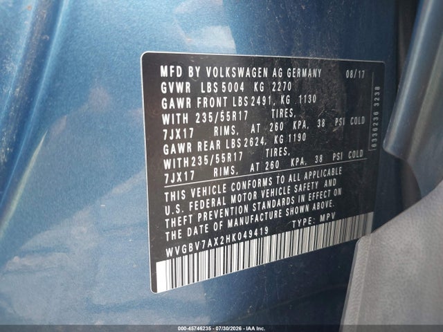45746235 :رقم المزاد ، WVGBV7AX2HK049419 vin ، 2017 Volkswagen Tiguan 2.0t/2.0t S مزاد بيع