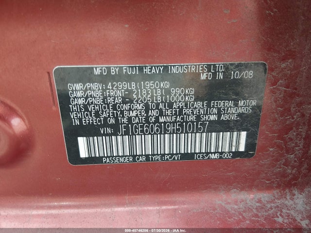 Продаж на аукціоні авто 2009 Subaru Impreza 2.5i, vin: JF1GE60619H510157, номер лоту: 45746286