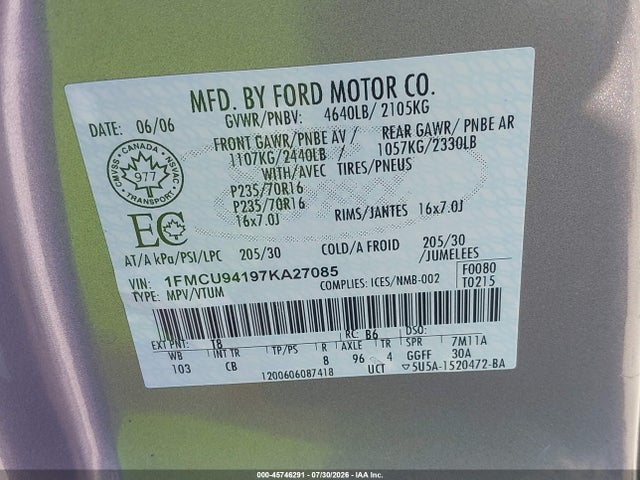 Aukcja sprzedaży 2007 Ford Escape Limited, vin: 1FMCU94197KA27085, numer aukcji: 45746291