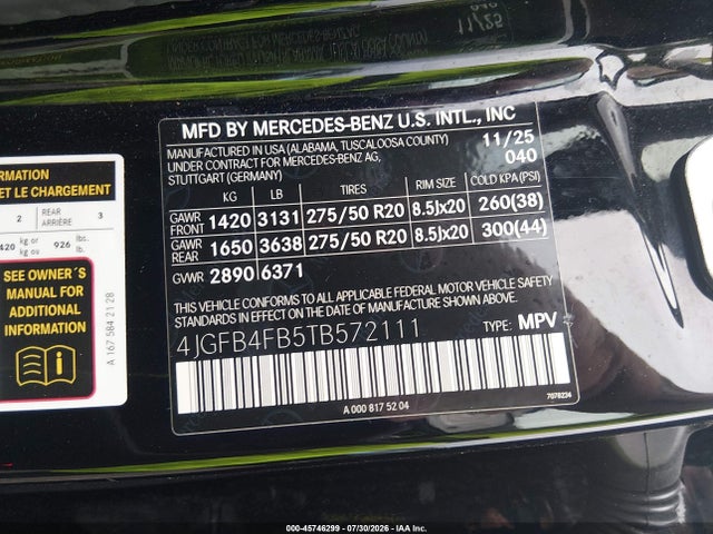 Aukcja sprzedaży 2026 Mercedes-benz Gle 350, vin: 4JGFB4FB5TB572111, numer aukcji: 45746299