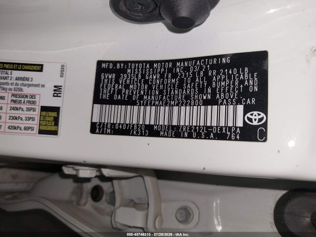 5YFEPMAE2MP222800 Toyota COROLLA LE