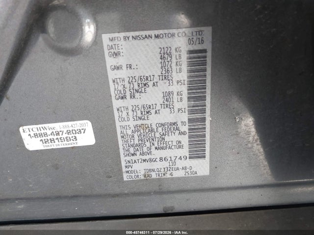 Aukcja sprzedaży 2016 Nissan Rogue Sv, vin: 5N1AT2MV8GC861749, numer aukcji: 45746311