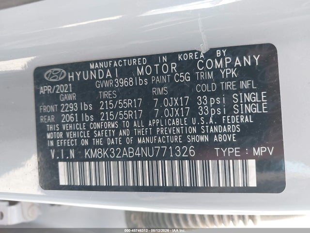 Aukcja sprzedaży 2022 Hyundai Kona Sel, vin: KM8K32AB4NU771326, numer aukcji: 45746312