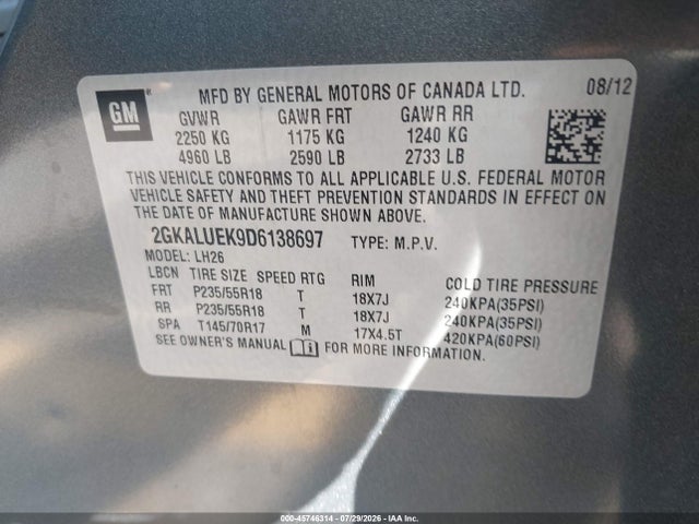 45746314 :رقم المزاد ، 2GKALUEK9D6138697 vin ، 2013 Gmc Terrain Slt-1 مزاد بيع