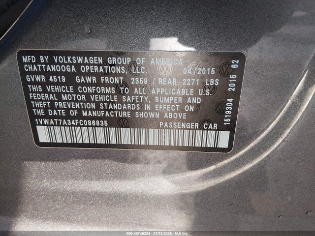 Продаж на аукціоні авто 2015 Volkswagen Passat 1.8t Limited Edition, vin: 1VWAT7A34FC086835, номер лоту: 45746324