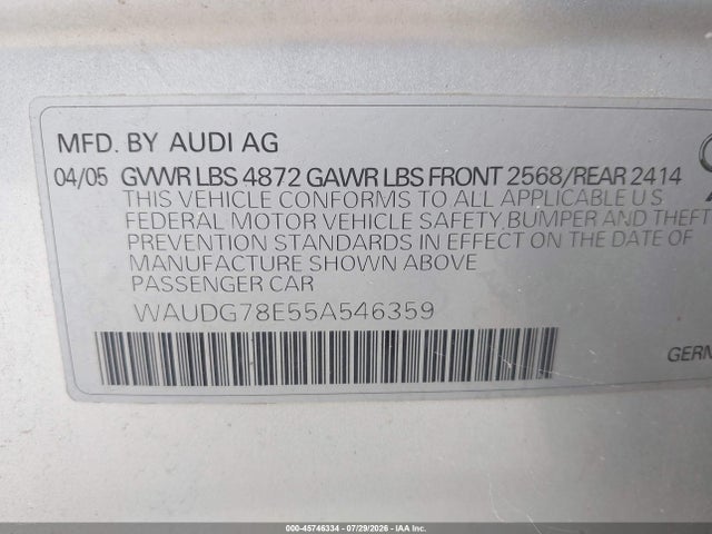 Продаж на аукціоні авто 2005 Audi A4 3.2, vin: WAUDG78E55A546359, номер лоту: 45746334