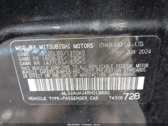 2024 Mitsubishi Mirage Es/le მანქანა იყიდება აუქციონზე, vin: ML32AUHJ4RH019890, აუქციონის ნომერი: 45746337