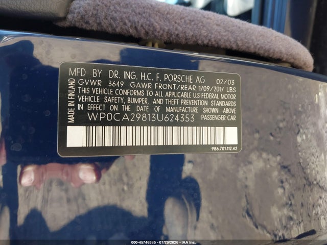 45746385 :رقم المزاد ، WP0CA29813U624353 vin ، 2003 Porsche Boxster مزاد بيع