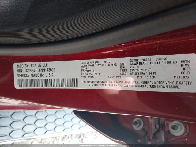 45746410 :رقم المزاد ، 1C6RREFT8NN143002 vin ، 2022 Ram 1500 مزاد بيع