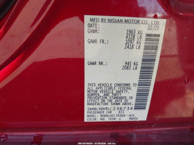 Aukcja sprzedaży 2020 Nissan Altima Sv Fwd, vin: 1N4BL4DV9LC236734, numer aukcji: 45746439