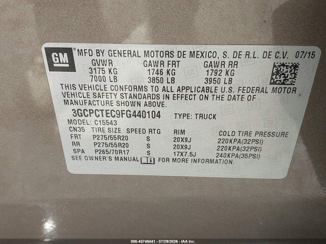 45746441 :رقم المزاد ، 3GCPCTEC9FG440104 vin ، 2015 Chevrolet Silverado 1500 High Country مزاد بيع