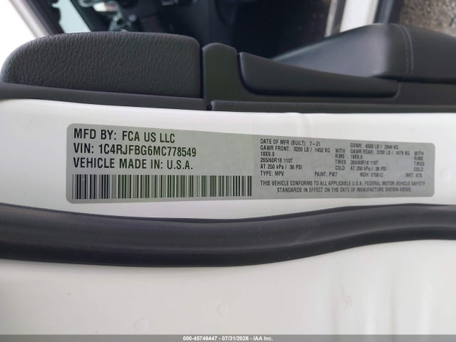 Aukcja sprzedaży 2021 Jeep Grand Cherokee Limited 4x4, vin: 1C4RJFBG6MC778549, numer aukcji: 45746447