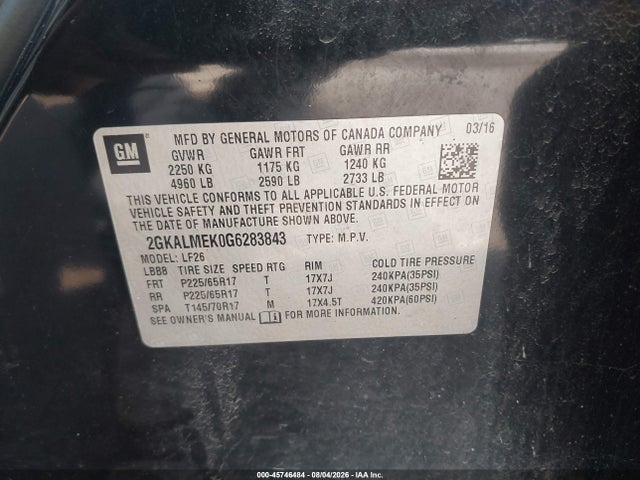 Продажа на аукционе авто 2016 Gmc Terrain Sle-1, vin: 2GKALMEK0G6283843, номер лота: 45746484