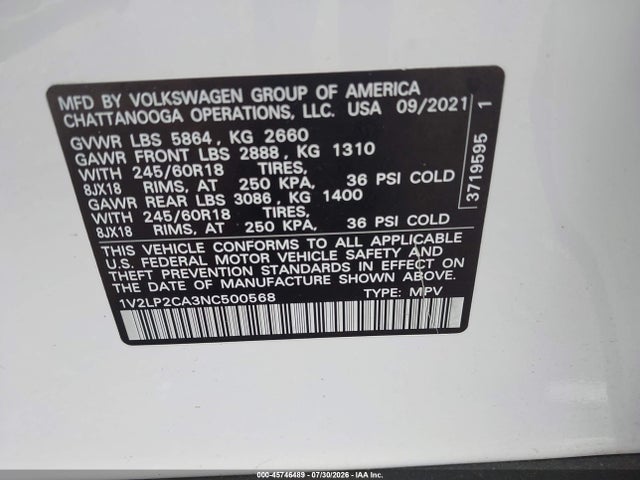 Продажа на аукционе авто 2022 Volkswagen Atlas 2.0t Se, vin: 1V2LP2CA3NC500568, номер лота: 45746489