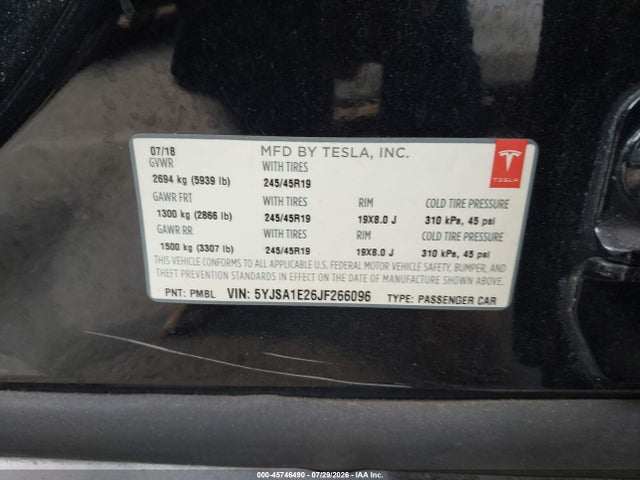Aukcja sprzedaży 2018 Tesla Model S 100d/75d/p100d, vin: 5YJSA1E26JF266096, numer aukcji: 45746490