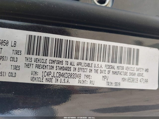 2019 Jeep Cherokee Latitude Fwd მანქანა იყიდება აუქციონზე, vin: 1C4PJLCB4KD203348, აუქციონის ნომერი: 45746505