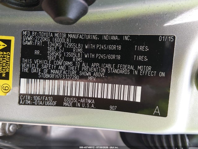 2015 Toyota Highlander Le Plus V6 მანქანა იყიდება აუქციონზე, vin: 5TDBKRFH7FS127290, აუქციონის ნომერი: 45746512