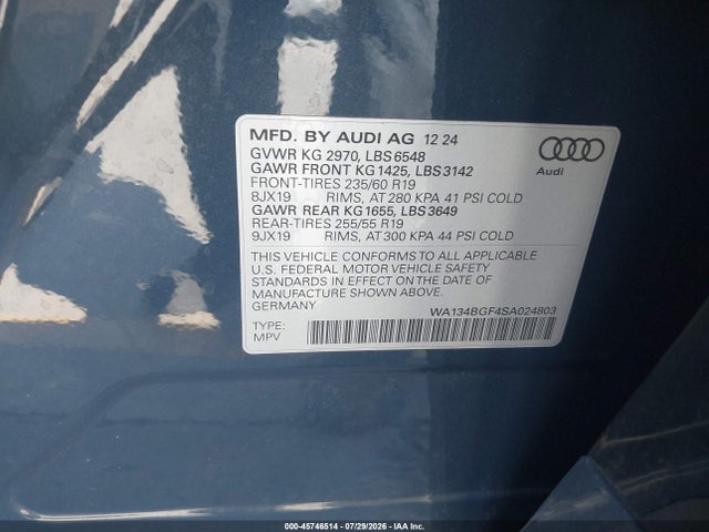 Auction sale of the 2025 Audi Q6 E-tron Prestige Quattro, vin: WA134BGF4SA024803, lot number: 45746514