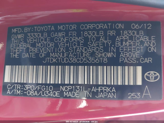 Продаж на аукціоні авто 2012 Toyota Yaris Le, vin: JTDKTUD38CD535618, номер лоту: 45746525