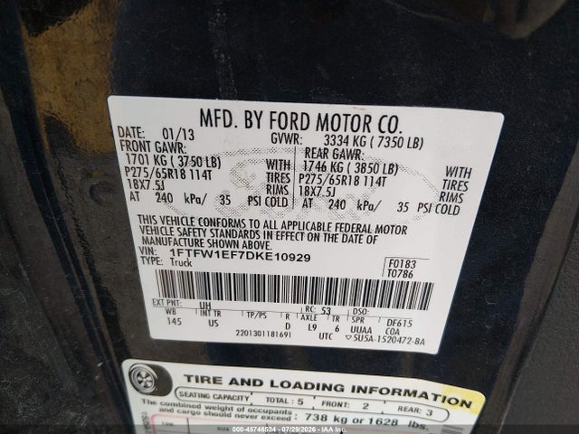 Aukcja sprzedaży 2013 Ford F-150 Xlt, vin: 1FTFW1EF7DKE10929, numer aukcji: 45746534