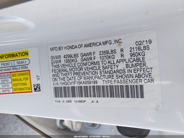 Honda ACCORD LX 2019 1HGCV1F15KA059189 Image 9