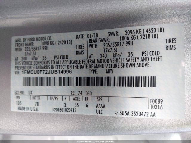 1FMCU0F72JUB14996 Ford ESCAPE S