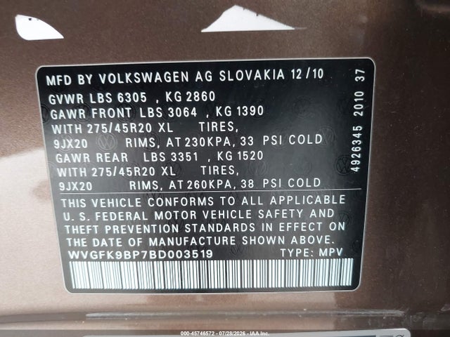 2011 Volkswagen Touareg Tdi Executive მანქანა იყიდება აუქციონზე, vin: WVGFK9BP7BD003519, აუქციონის ნომერი: 45746572
