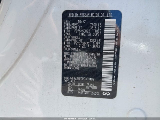 Продажа на аукционе авто 2023 Infiniti Qx80 Sensory Awd, vin: JN8AZ2BE9P9303402, номер лота: 45746576
