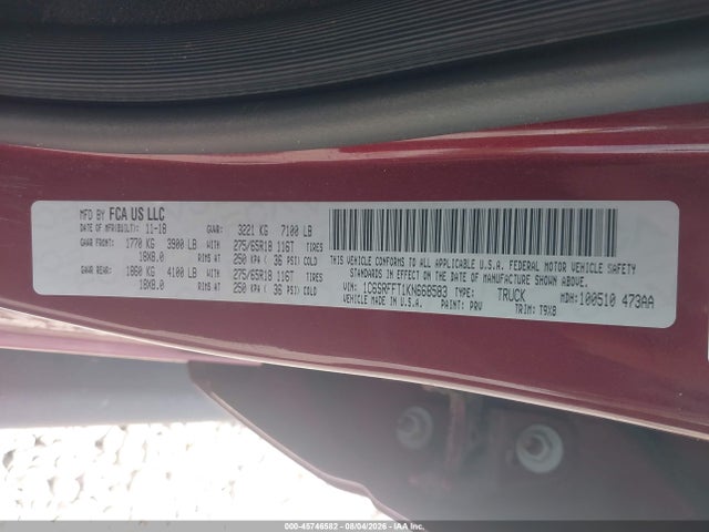2019 Ram 1500 Big Horn/lone Star  4x4 5'7 Box მანქანა იყიდება აუქციონზე, vin: 1C6SRFFT1KN668583, აუქციონის ნომერი: 45746582