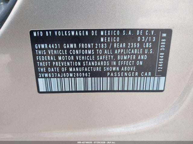 2013 Volkswagen Jetta Hybrid Sel მანქანა იყიდება აუქციონზე, vin: 3VW637AJ6DM280962, აუქციონის ნომერი: 45746586