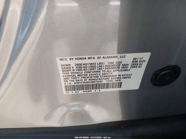 2017 Honda Pilot Elite მანქანა იყიდება აუქციონზე, vin: 5FNYF6H02HB073781, აუქციონის ნომერი: 45746609