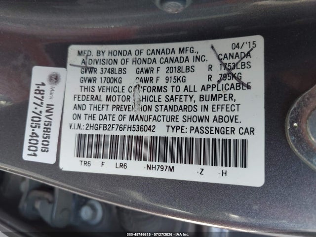 Honda CIVIC SE 2015 2HGFB2F76FH536042 Image 9