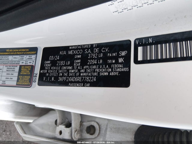 45746622 :رقم المزاد ، 3KPF24AD6RE778224 vin ، 2024 Kia Forte Lxs مزاد بيع