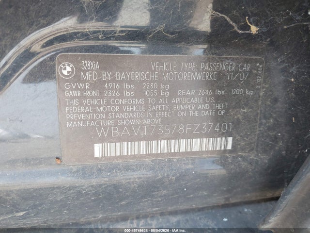 Aukcja sprzedaży 2008 Bmw 328xi, vin: WBAVT73578FZ37401, numer aukcji: 45746628