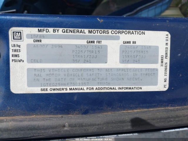 1985 Gmc Vandura G2500 მანქანა იყიდება აუქციონზე, vin: 1GTEG25H6F7503057, აუქციონის ნომერი: 45746652