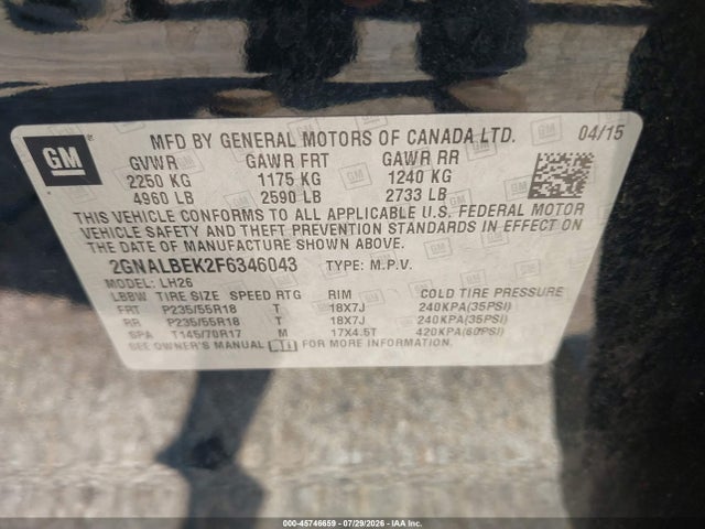 45746659 :رقم المزاد ، 2GNALBEK2F6346043 vin ، 2015 Chevrolet Equinox Lt مزاد بيع