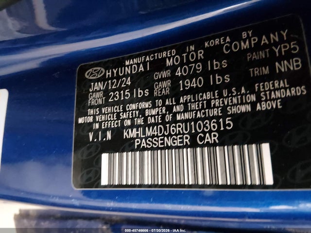 Aukcja sprzedaży 2024 Hyundai Elantra Hybrid Blue, vin: KMHLM4DJ6RU103615, numer aukcji: 45746666