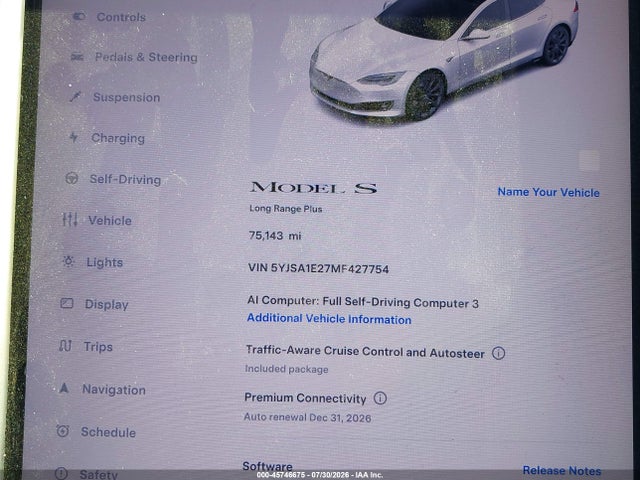 5YJSA1E27MF427754 Tesla Model S Long Range Dual Motor All-wheel Drive/long Range Plus Dual Motor All-wheel Drive