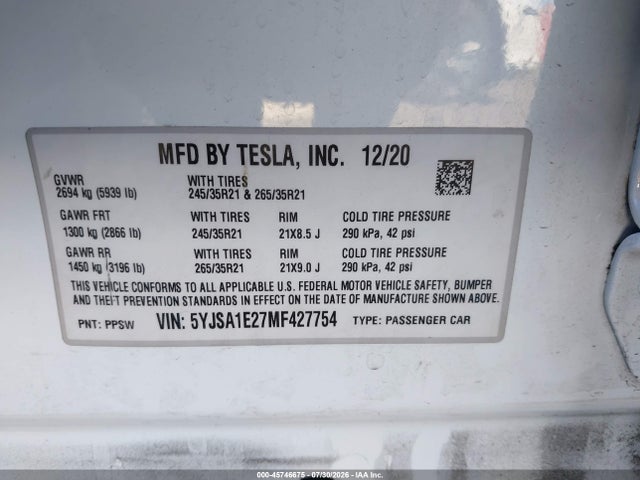 Продаж на аукціоні авто 2021 Tesla Model S Long Range Dual Motor All-wheel Drive/long Range Plus Dual Motor All-wheel Drive, vin: 5YJSA1E27MF427754, номер лоту: 45746675