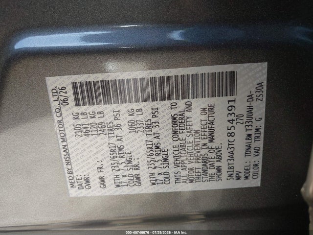 45746676 :رقم المزاد ، 5N1BT3AA3TC854391 vin ، 2026 Nissan Rogue S مزاد بيع