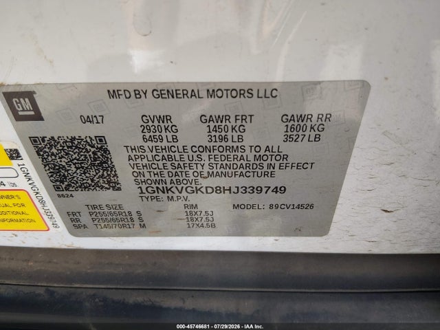 Aukcja sprzedaży 2017 Chevrolet Traverse Lt, vin: 1GNKVGKD8HJ339749, numer aukcji: 45746681