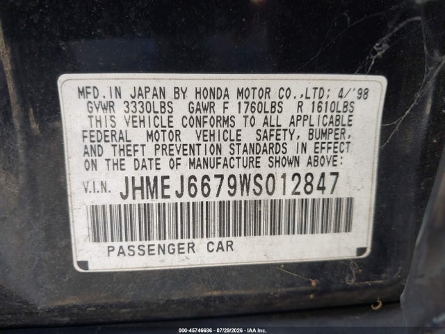 Aukcja sprzedaży 1998 Honda Civic Lx, vin: JHMEJ6679WS012847, numer aukcji: 45746686