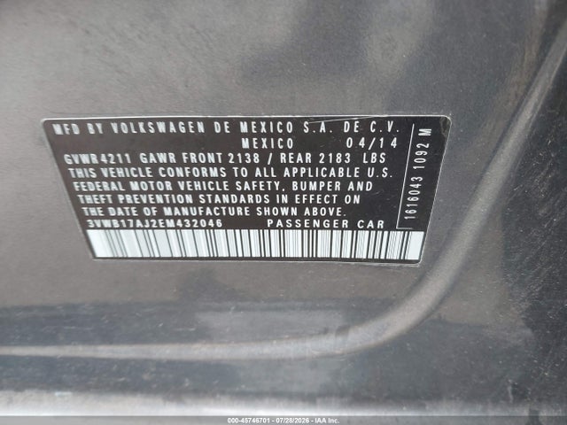 2014 Volkswagen Jetta 1.8t Se მანქანა იყიდება აუქციონზე, vin: 3VWB17AJ2EM432046, აუქციონის ნომერი: 45746701