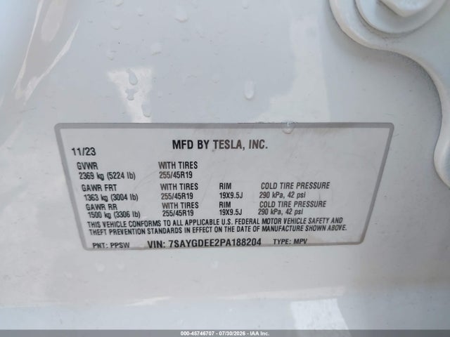 Продаж на аукціоні авто 2023 Tesla Model Y Awd/long Range Dual Motor All-wheel Drive, vin: 7SAYGDEE2PA188204, номер лоту: 45746707